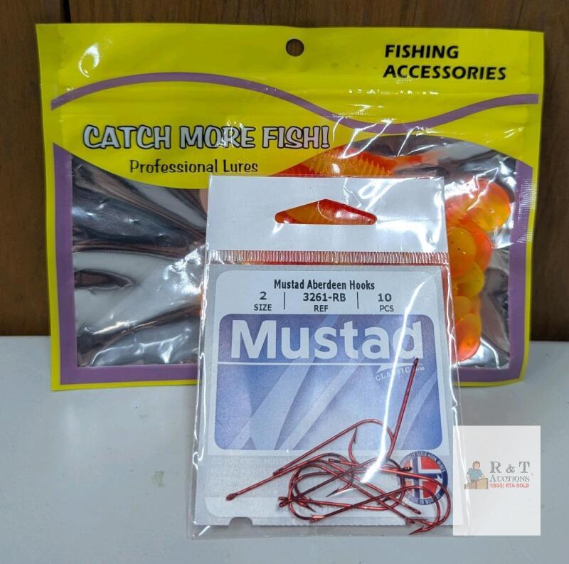 NEW Mustad Aberdeen Hooks 3261-RB Size 2, 10-Pack & Soft Plastic Lures Orange 2.5", 10-Pack