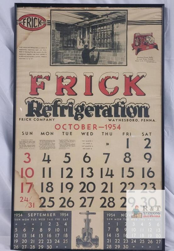Frick Refrigeration 1954 Wall Calendar, Industrial Factory Advertising, Framed, Waynesboro PA
