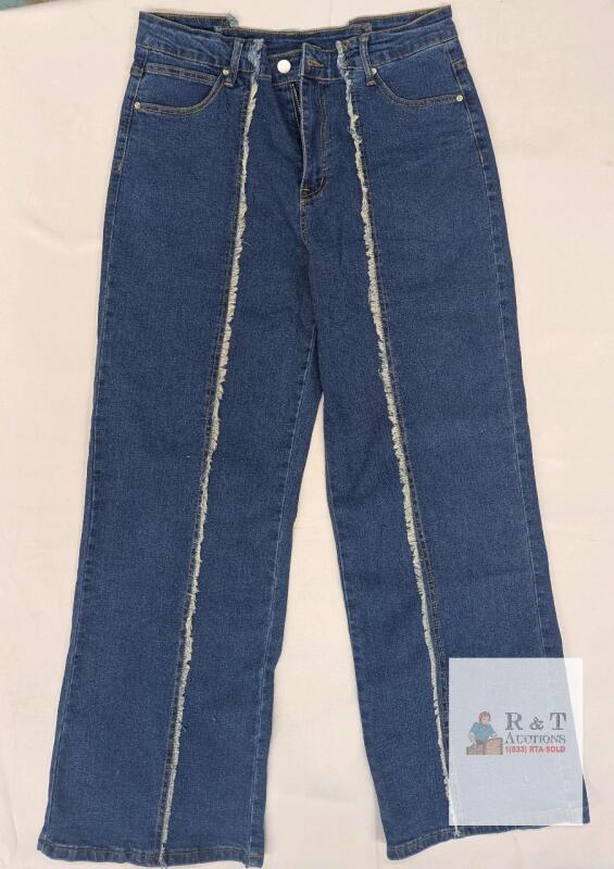 NEW XL Wide Leg Blue Jeans, Frayed Seams, 75% Cotton, 5-Pocket, Stretch, Zipper Fly