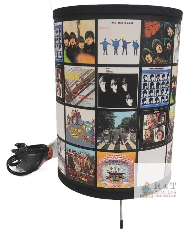 Beatles Table Lamp, Official 2009 Apple Corps, Album Cover Collage, 12" Height, Tripod Base,. Rotary switch needs repair