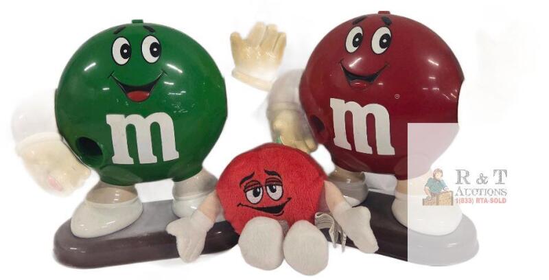 M&M's Green & Red Character Candy Dispenser Set + 6" Red Plush, 9.5" Tall Collectibles