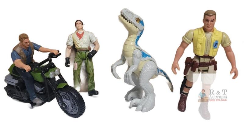 Jurassic Park / World 4 Action Figures with Motorcycle & Raptor, Alan Grant, Owen Grady, Blue