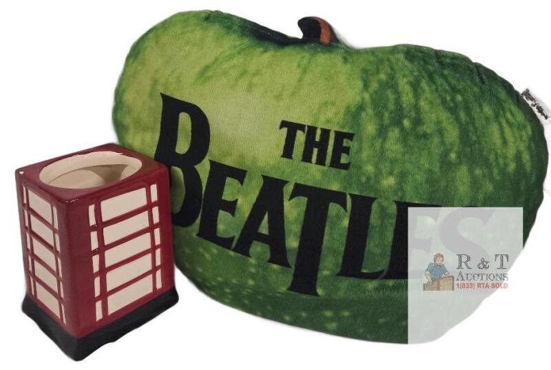 The Beatles Apple Logo Decorative Pillow 18"x14" Plush, Red and White Ceramic Geometric Vase 6"- SMALL CHIP IN VASE