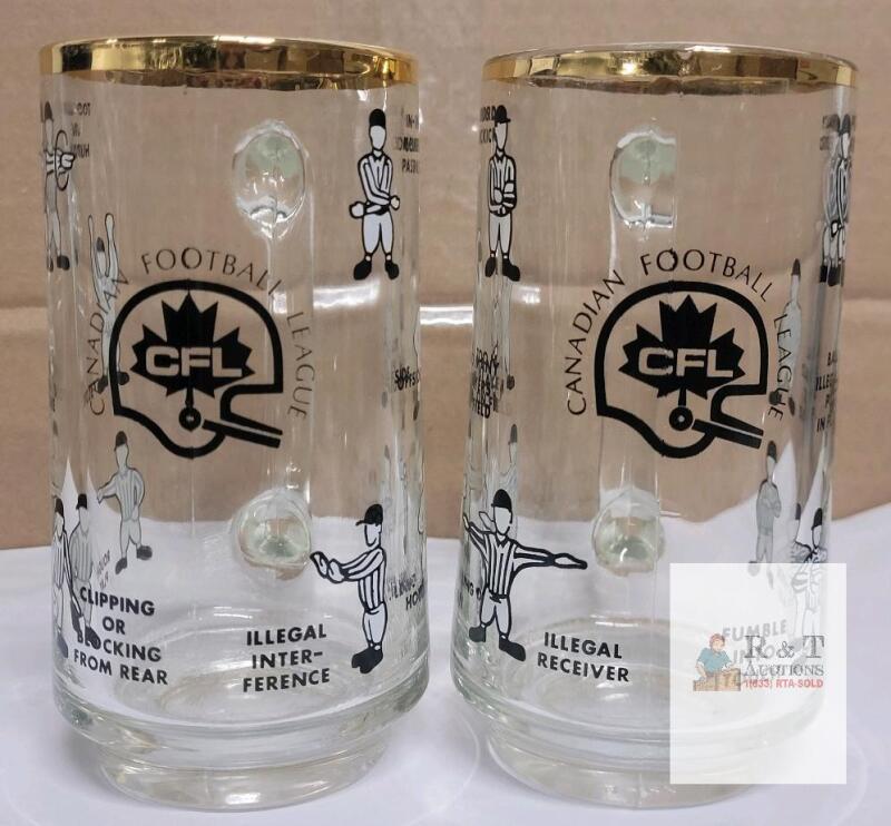 2 CFL Referee Signals Glass Beer Mugs, Canadian Football League, Gold Rim, 6" Set of 2