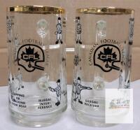 2 CFL Referee Signals Glass Beer Mugs, Canadian Football League, Gold Rim, 6" Set of 2