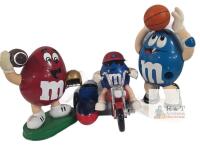 3-Pc M&M's Candy Dispenser Set: Motorcycle, Basketball, Football Red & Blue Figures, 10-12" Tall