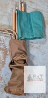Origo No. 1010 Vintage Folding Camp Stool, Aluminum & Wood Frame with Teal Canvas Seat & Bag