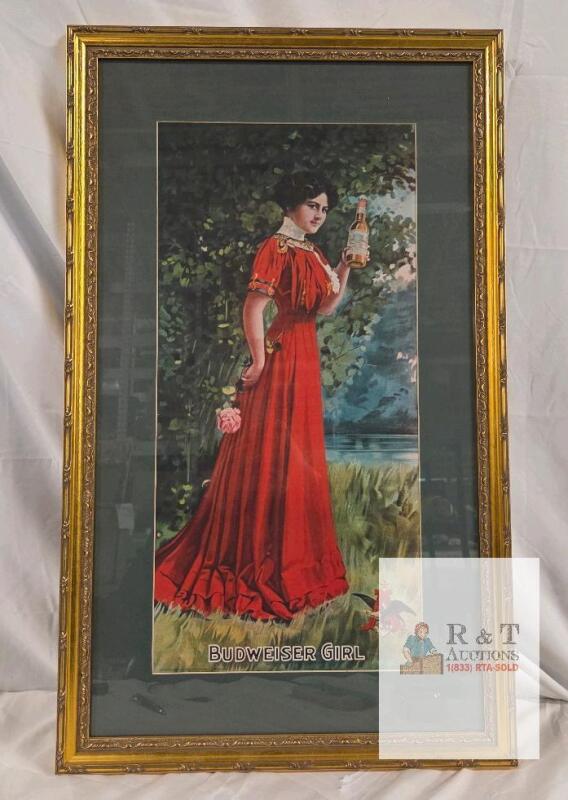 Budweiser Girl Framed Advertising Print Gold Wood Frame 20"x34" Bar Wall Decor