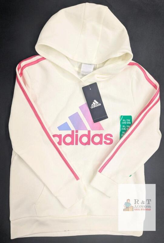 NEW Adidas Girls XL Hoodie Off White Pink Stripes Regular Fit Pullover, Style JJ7835, 18/20