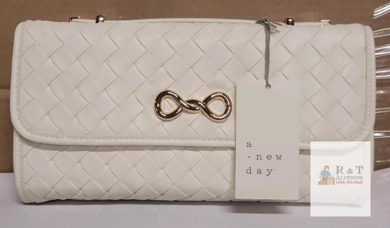 A New Day Woven Infinity Clutch, Off-white Faux Leather, Gold Hardware, Top Handle, With Tags