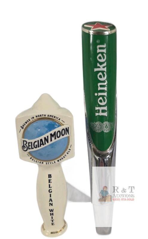 Heineken 12" Chrome Green Star & Belgian Moon Belgian White Beer Tap Handles, Threaded, Lot of 2