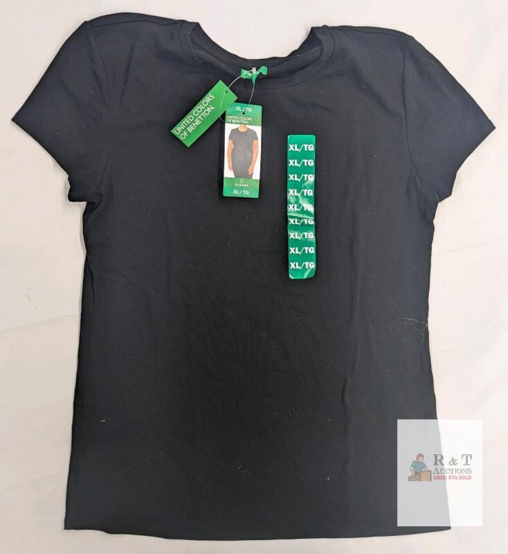 NEW United Colors of Benetton Black XL Crew Neck Cotton T-Shirt, Short Sleeve, New with Tags