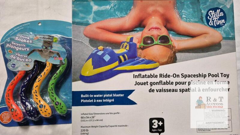 Inflatable Ride-On Spaceship Pool Toy by Stella & Finn, 60"x54"x26", 220lb Capacity, with Diving Snakes