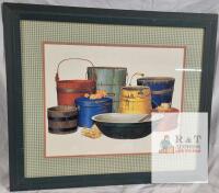 Framed Stroman Signed Print Colorful Bucket Still Life 24"x28" Glass Double Matted Folk Art