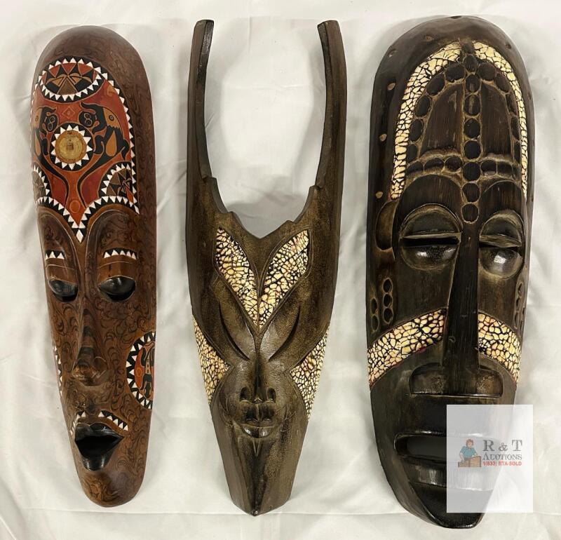 Set of 3 Carved African Tribal-Style Wall Masks, Painted & Inlaid, 15&ndash;19&rdquo; Tall, Hanging Decor