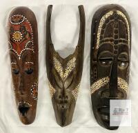 Set of 3 Carved African Tribal-Style Wall Masks, Painted & Inlaid, 15&ndash;19&rdquo; Tall, Hanging Decor