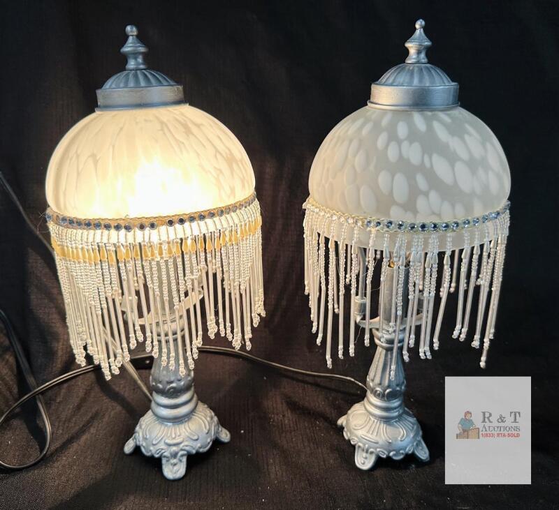 Pair Model T001 Silver Beaded Fringe Glass Dome Table Lamps, 14" Tall, ETL Certified