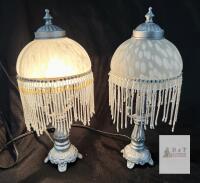 Pair Model T001 Silver Beaded Fringe Glass Dome Table Lamps, 14" Tall, ETL Certified