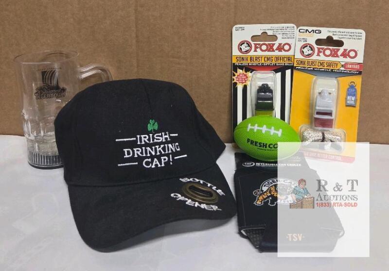 Sports/Fan Memorabilia Lot Irish Drinking Cap with Opener, Hamilton Tiger-Cats Mug & Koozie, Fox 40 Whistles, Foam Football Lot