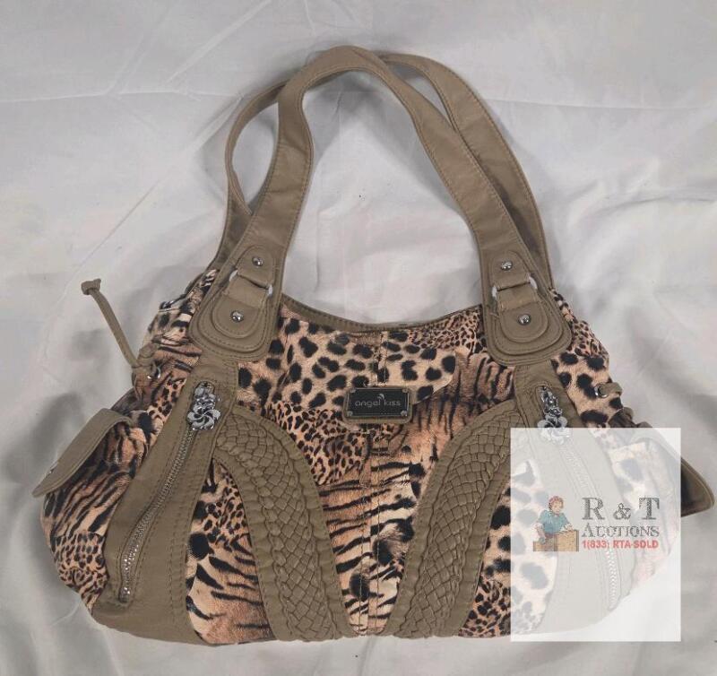 Angel Kiss Animal Print Tote Bag, Faux Leather, Tan/Brown, Large Shoulder Purse, Silver Hardware