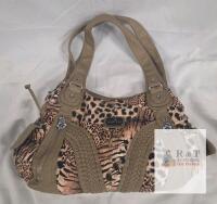 Angel Kiss Animal Print Tote Bag, Faux Leather, Tan/Brown, Large Shoulder Purse, Silver Hardware