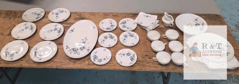 Royal Tettau Bavaria 27-Piece Porcelain Dinnerware & Tea Set, Blue Rose Floral, Platinum Trim