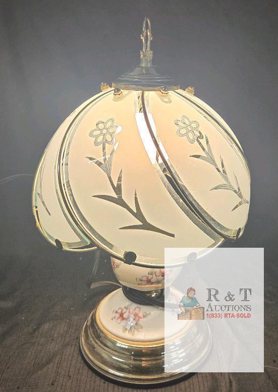 Vintage 1970s Floral Etched Glass & Brass Table Lamp, 13.25" Tall, Ceramic Base, Working