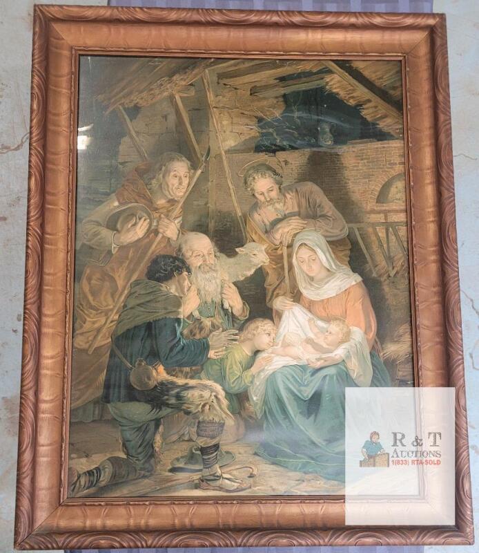 " Jesus Laid In A Manger " Vintage Framed Print - Artist Unknown . Measures 28 &frac34;"&times;36.5"