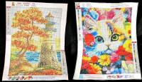 2 New 11.8" &times; 15.37" DIY Diamond Painting Art Kits : Fall Lighthouse & Multicolor Floral Kitten