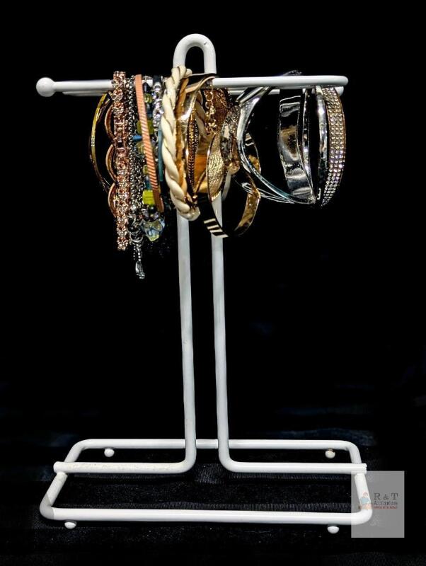 Assorted Vintage to Modern Bracelets & Bangles With Metal Stand