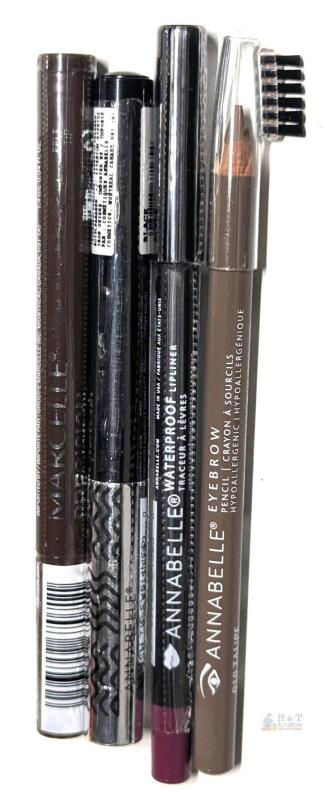 3 New ANNABELLE : Eyebrow Pencil (Taupe), Waterproof Lipliner (Boysenberry), Brush Tip Eyeliner (Black) &: Marcelle Precision Liquid Waterproof Eyeliner Pen (Deep Brown)
