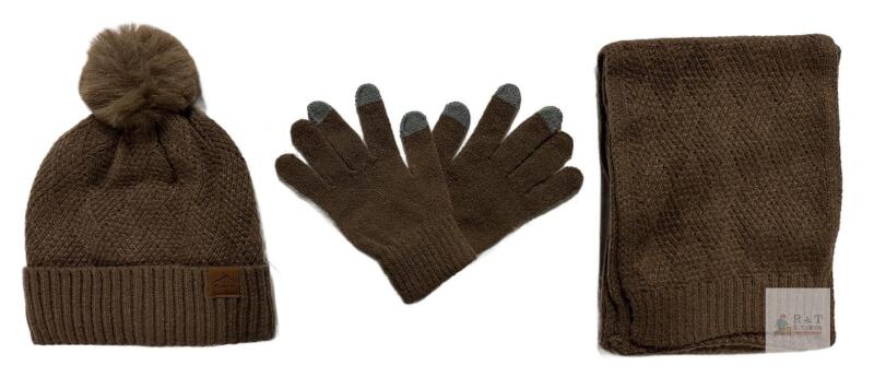 New O/S Adults Amberetech Brown Winter Set - Beanie w/ Pom, Touchscreen Gloves, Scarf - Acrylic, Model BAOG-9988KA