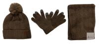 New O/S Adults Amberetech Brown Winter Set - Beanie w/ Pom, Touchscreen Gloves, Scarf - Acrylic, Model BAOG-9988KA