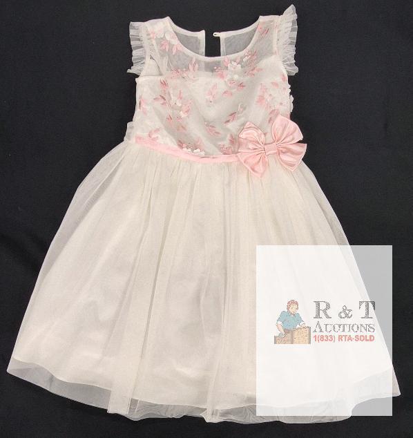 NEW Jona Michelle Girls' Size 6 White Party Dress, Pink Floral Embroidery, Bow, Polyester, S/N C068A