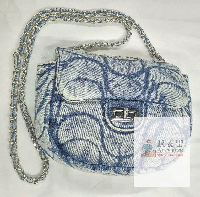 NEW Denim Chain Flap Shoulder Bag, Blue Abstract Print, Silver Hardware, 10.5"x7"x2.5"