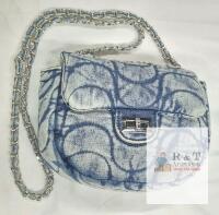 NEW Denim Chain Flap Shoulder Bag, Blue Abstract Print, Silver Hardware, 10.5"x7"x2.5"