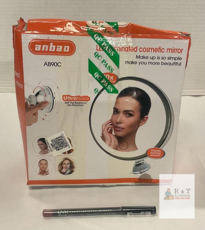 NEW Anbao AB90C LED Cosmetic Mirror 10x Magnification, 360&deg; Flexible, Rechargeable, Suction Mount WITH NEW EYELINER