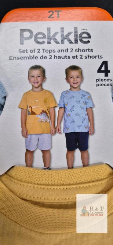 NEW Pekkle 4-Piece Dinosaur Toddler Boys&rsquo; Set &ndash; 2T, 2 T-Shirts & 2 Shorts, Yellow & Blue