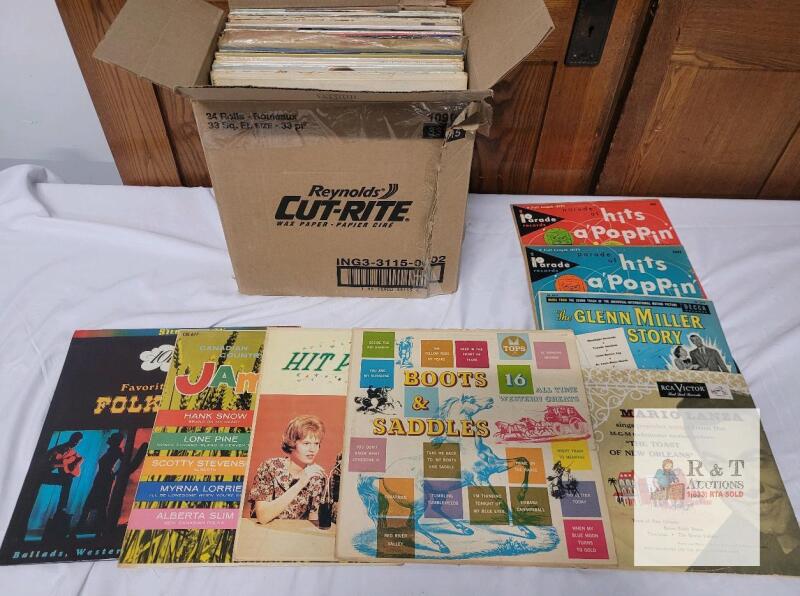 Vintage 1950s&ndash;1960s Vinyl LP Collection Box&mdash;Parade, Decca, RCA, Folk/Country/Pop, ~APPROX 30 Records