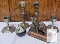 Vintage Metal Candlesticks, Goblets, Elephant Statue, and Pottery Vase Mixed Decor Lot