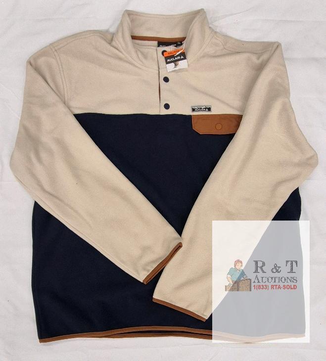 NEW Auclair XXL Fleece Pullover Sweater, Beige/Navy Colorblock, Chest Pocket, Snap Collar