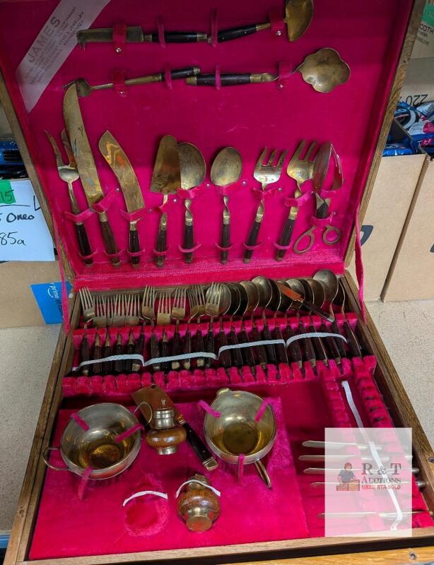 Vintage JAMES Brass & Wood Flatware Cutlery Set, Ornate Wood Case, India- may not be complete see photos for what is included