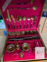 Vintage JAMES Brass & Wood Flatware Cutlery Set, Ornate Wood Case, India- may not be complete see photos for what is included