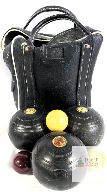 Townsend & Clark Vintage Lawn Bowls Set, 4 Bias #5, 2 Jacks, Bag, Serial QDF531, 1931, Canada