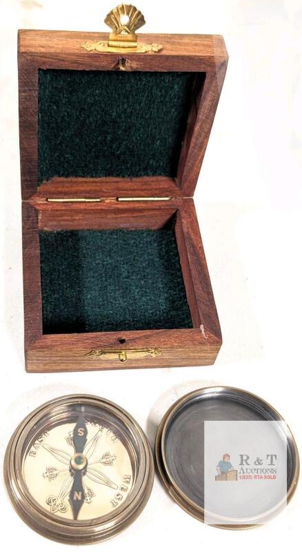 Brass Nautical Pocket Compass with Anchor Inlaid Wooden Box, 2" Diameter, Antique Finish