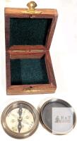 Brass Nautical Pocket Compass with Anchor Inlaid Wooden Box, 2" Diameter, Antique Finish