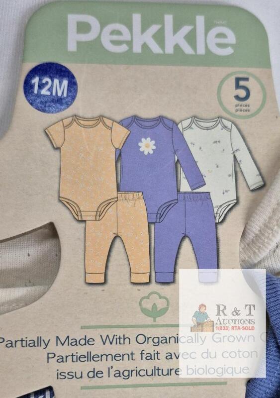 NEW Pekkle 5-Piece Baby Clothes Set, 12 Months, Bodysuits & Pants, Organic Cotton, Floral/Blue Prints