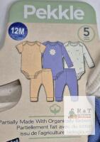 NEW Pekkle 5-Piece Baby Clothes Set, 12 Months, Bodysuits & Pants, Organic Cotton, Floral/Blue Prints