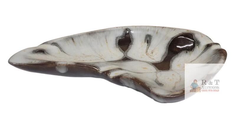 Signed K.M. 1961 Mid-Century Modern Glazed Pottery Catchall Ashtray Brown & White Freeform Dish