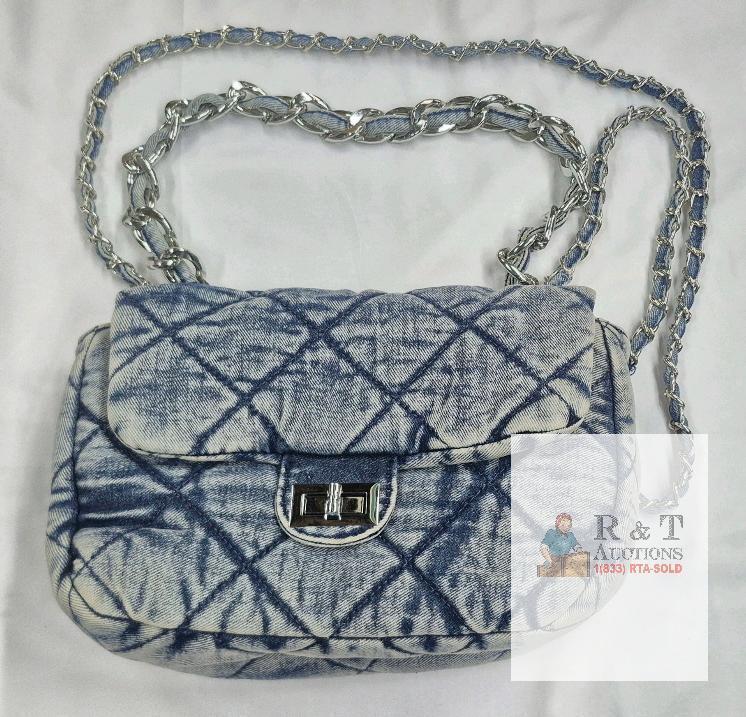 NEW Quilted Denim Chain Shoulder Crossbody Bag, Blue White Tie-Dye, Turn-Lock Closure, 10.5"